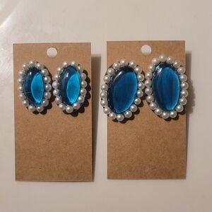 Blue Oval Faux Pearl Earrings